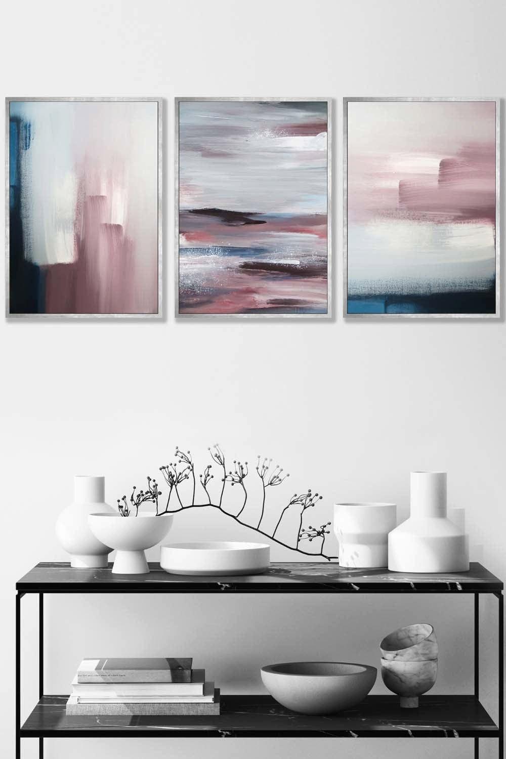 Abstract Navy Blue Grey Blush Pink Oil Framed Wall Art - Medium